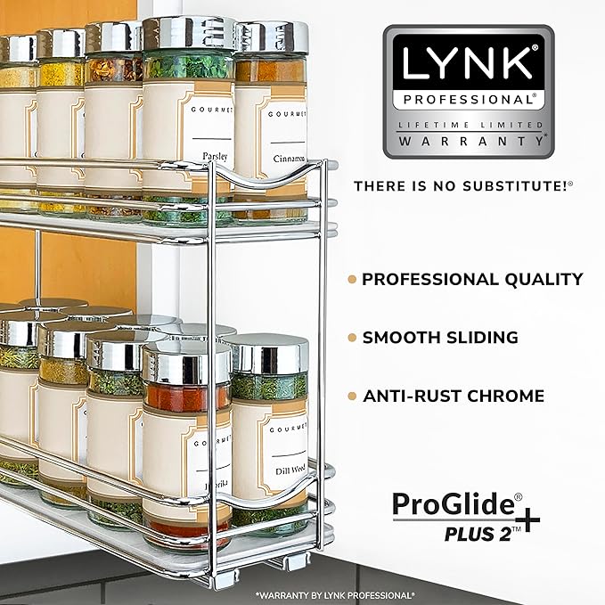 LYNK PROFESSIONAL® Pull Out Spice Rack Organizer for Inside Kitchen Cabinets - 4-3/8 inch Wide - Slide Out Drawer – Chrome Sliding Spice Organization for cabinet - Spice Racks - 2 Tier