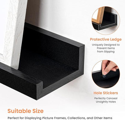 RICHFOCUS Picture Ledge Shelf, 55 inch Floating Shelves Set of 2, Wood Wall Shelves with Lip, Wall Decor Storage for Bedroom Living Room Bathroom Kitchen Nursery Photo Picture, Black