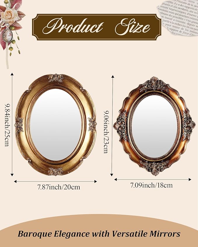 3 Styles Vintage Gold Mirror Set Wall Decorative, Vintage Wall Mirror Antique Hanging and Tabletop with Stand for Living Room Bedroom Dresser, Classic Home Wedding Decor(Retro Style)