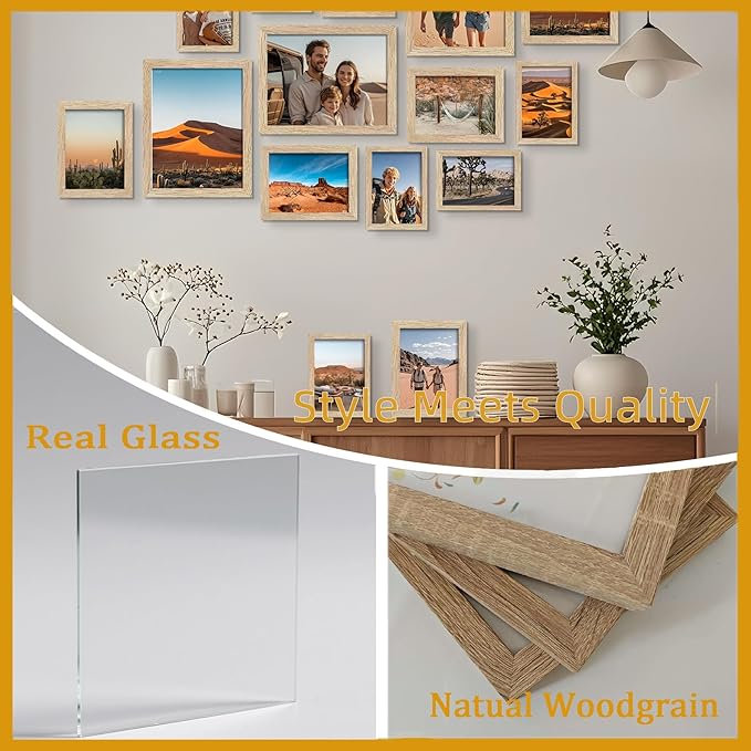 BESCRCL 15 Pack Real Glass Picture Frames Collage Wall Decor, Including 3pcs 8x10, 6pcs 5x7, 6pcs 4x6 Photo Frames for Gallery Wall or Tabletop Display, Natural Woodgrain