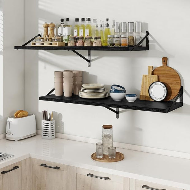 Floating Shelves, 12 Inch Deep Rustic Wood Wall Storage, 48W x 12D Wall Shelves Set of 2, Heavy Duty Metal Brackets, Large Industrial Book Shelf for Living Room, Kitchen, Bedroom, Black