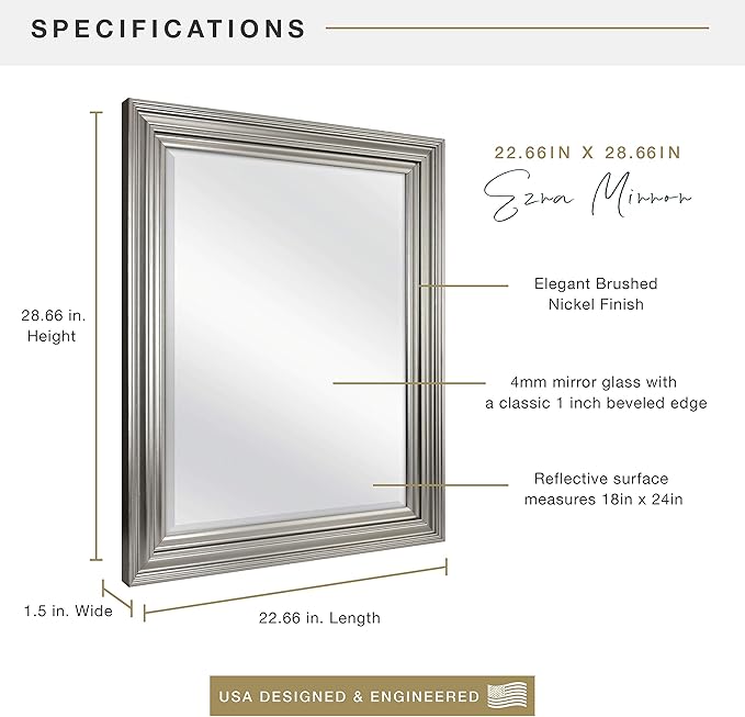 MCS Ezra 22.66x28.66 Large Wall Mirror, Brushed Nickel & Beveled Detail Mirror, Vertical & Horizontal Wall Hanging Mirror for Bathroom, Bedroom & Livingroom