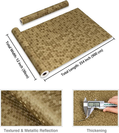 CRE8TIVE Mustard Gold Wallpaper Stick and Peel Metallic Hexagon Gold Contact Paper for Countertops Waterproof Self Adhesive Honeycomb Textured Kitchen Wallpaper for Refrigerator Backsplash 12"x354"