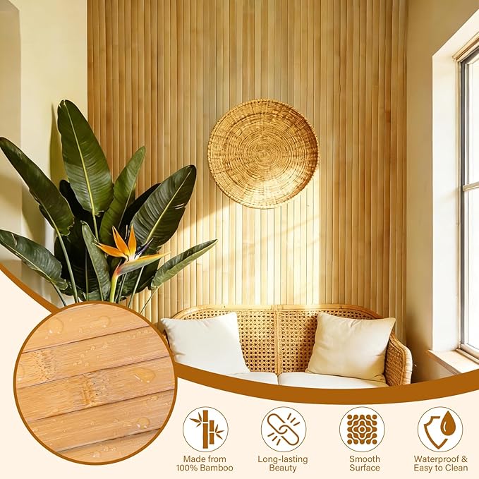 Natural Bamboo Wall Panel for Interior Wall Decor, Pole Wrap Wainscoting Wall Cladding Panel for Kitchen Island, Bedroom, Living Room, Office, Light-Carbonized (12" * 96")