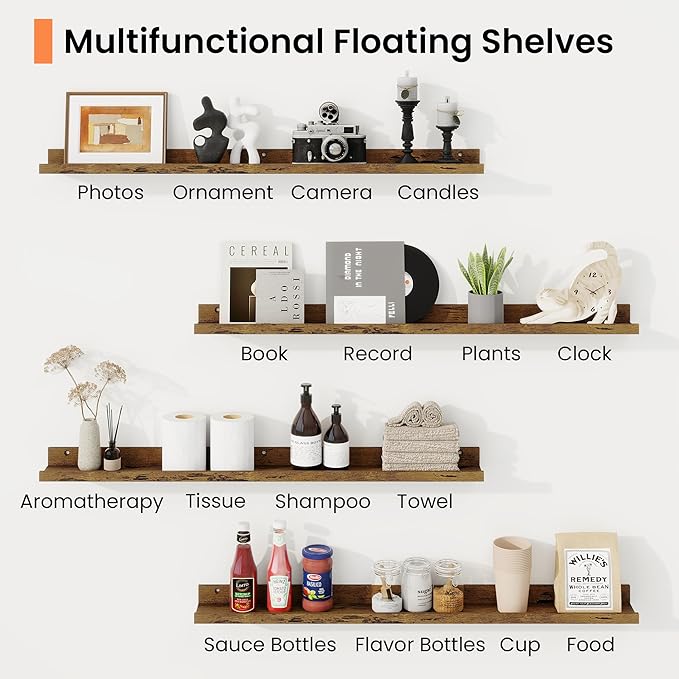 RICHFOCUS Picture Ledge Shelf, 24 inch Floating Shelves Set of 2, Wood Wall Shelves with Lip, Wall Decor Storage for Bedroom Living Room Bathroom Kitchen Nursery Photo Picture, Rustic Brown
