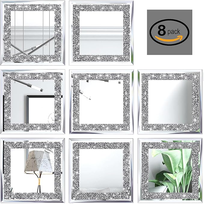 Crush Diamond Mirrors Wall Decor 6inch Mirror Tiles for Crafts, 8 Pack Square Silver Diamond Glass Mirrors for Home Wall Decor, Mosaics DIY.