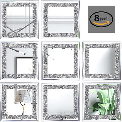 Crush Diamond Mirrors Wall Decor 6inch Mirror Tiles for Crafts, 8 Pack Square Silver Diamond Glass Mirrors for Home Wall Decor, Mosaics DIY.