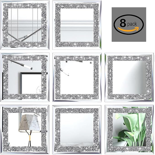 Crush Diamond Mirrors Wall Decor 6inch Mirror Tiles for Crafts, 8 Pack Square Silver Diamond Glass Mirrors for Home Wall Decor, Mosaics DIY.