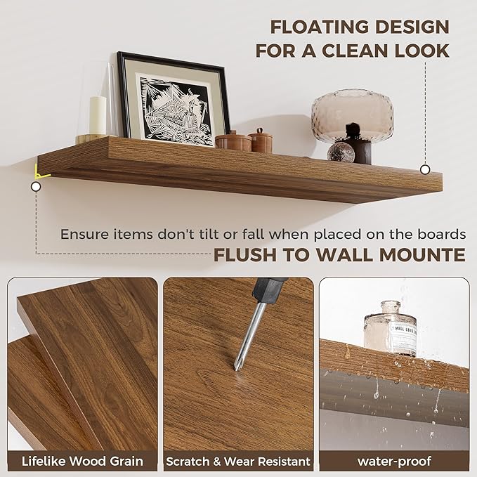 Fun Memories Small Floating Shelves for Wall - 8 Inch Square Wall Shelves with Invisible Brackets, Walnut Shelves for Bathroom, Living Room, Bedroom, and Kitchen Decor, Set of 3