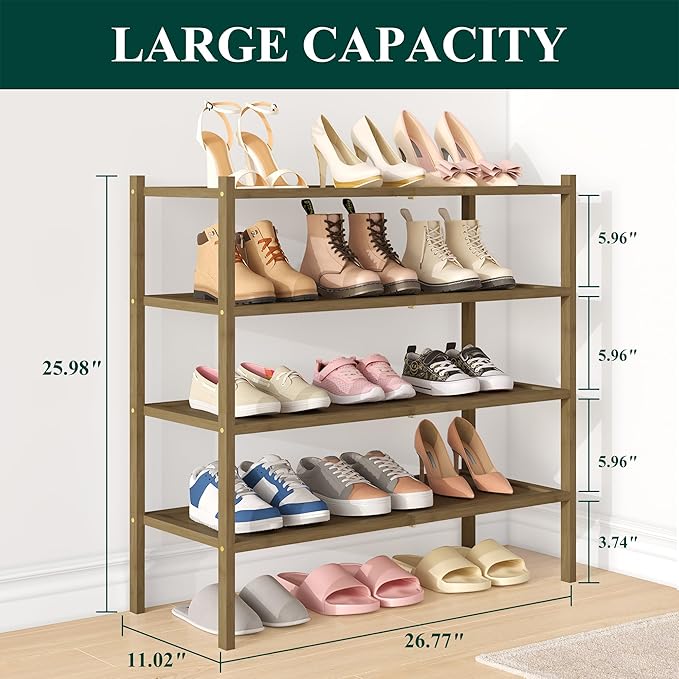 Smiry Bamboo Shoe Rack, 4 Tier Shoe Organizer for Entryway & Closet, Stackable Free Standing Storage Shelf for Shoes, Bags & Plants, Walnut