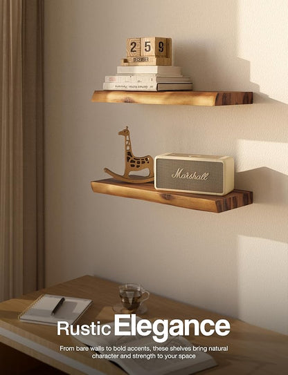 BATODA 17” Acacia Live Edge Floating Shelves, Wooden Floating Shelves for Wall - Set of 2 Floating Book Shelves, Book Shelf for Wall, Bathroom, Kitchen - Mounted Shelf, House Decor with Hardware