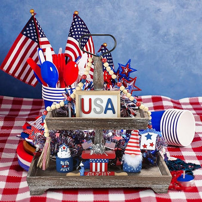 4th of July Decorations, Memorial Day Decorations, Independence Day Patriotic Tiered Tray Decor Set, 6 Pieces Fourth of July Centerpieces for Home Office Table Shelf, Red White and Blue Decorations