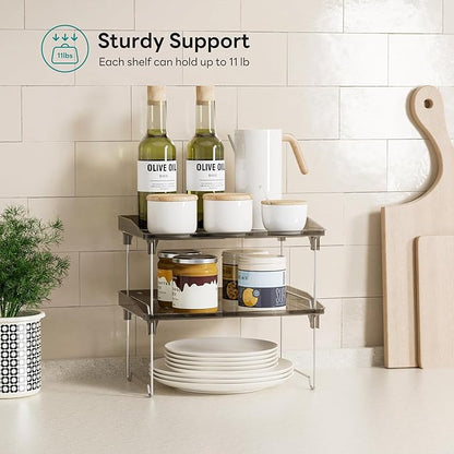 2 Pcs Cabinet Organizer Shelf，Stackable Kitchen Counter Shelves, Spice Rack,Countertop Organizers，Black Plastic Storage Shelves Rack for Makeup，Bathroom, Cupboard，Desk，Pantry Organization