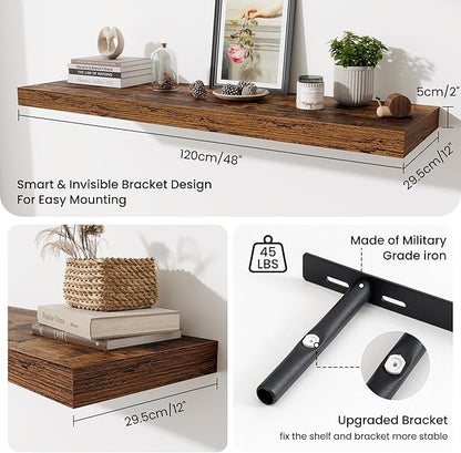 48 Inch Floating Shelves for Wall - 12 Inch Deep Fireplace Mantel Shelf - Wood Floating Shelf for Wall - Large Storage Shelves Wall Mount for Living Room & Bedroom - Rustic Brown - Set of 2
