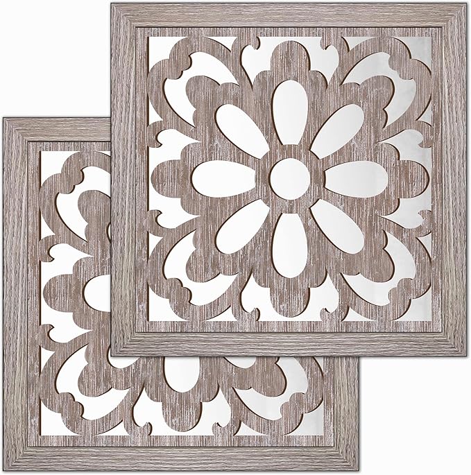 Yudarte 2pcs Set Square Mandala Cutout Wall Mirror Decor - Farmhouse Rustic Decorative Mirrors for Bedroom Bathroom Living Room Kitchen Entryway 12x12 Inches