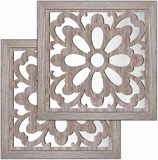 Yudarte 2pcs Set Square Mandala Cutout Wall Mirror Decor - Farmhouse Rustic Decorative Mirrors for Bedroom Bathroom Living Room Kitchen Entryway 12x12 Inches