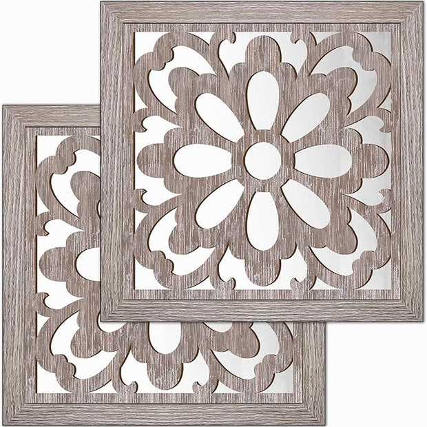 Yudarte 2pcs Set Square Mandala Cutout Wall Mirror Decor - Farmhouse Rustic Decorative Mirrors for Bedroom Bathroom Living Room Kitchen Entryway 12x12 Inches