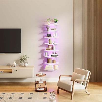 8 Tier Wall Shelf Unit with LED Light, White Floating Shelf, Vertical Display Shelf, Wall Decor for Bedroom, Living Room, Vanity, 15" W x 5.9" D x 58.3" H