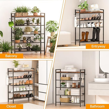 4 Tier Shoe Rack, Shoe Rack for Front Door Entrance with Hook, Shoe Organizer with Adjustable Mesh Shelves, Metal Shoe Rack for Entryway, Closet, Bedroom Living Room Garage