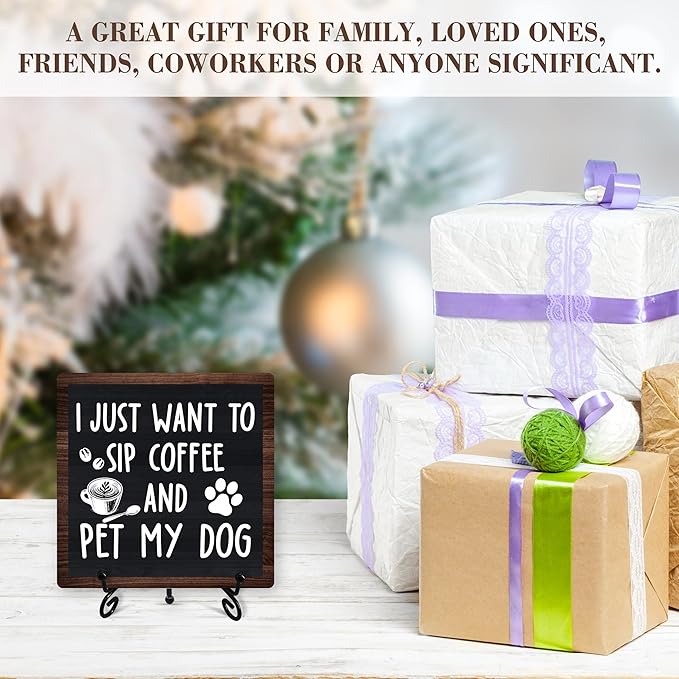 Coffee Sign Desk Decor, I Just Want To Sip Coffee And Pet My Dog Sign With Iron Stand, Wood Plaque Gifts For Dog Lovers, Farmhouse Cafe Desk Shelf Decoration -53
