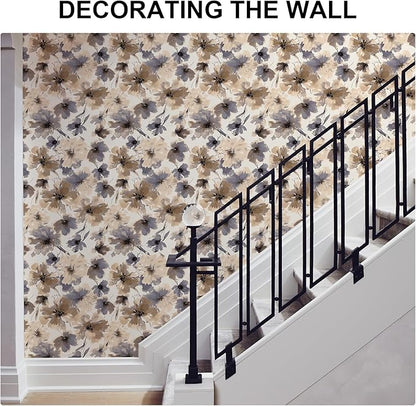 JiffDiff Floral Peel and Stick Wallpaper, Purple Watercolor Flower Contact Paper Peel and Stick for Bedroom Bathroom, Brown Vintage Removable Waterproof Self Adhesive Wall Paper 118"X17.3"(14 sq. ft)