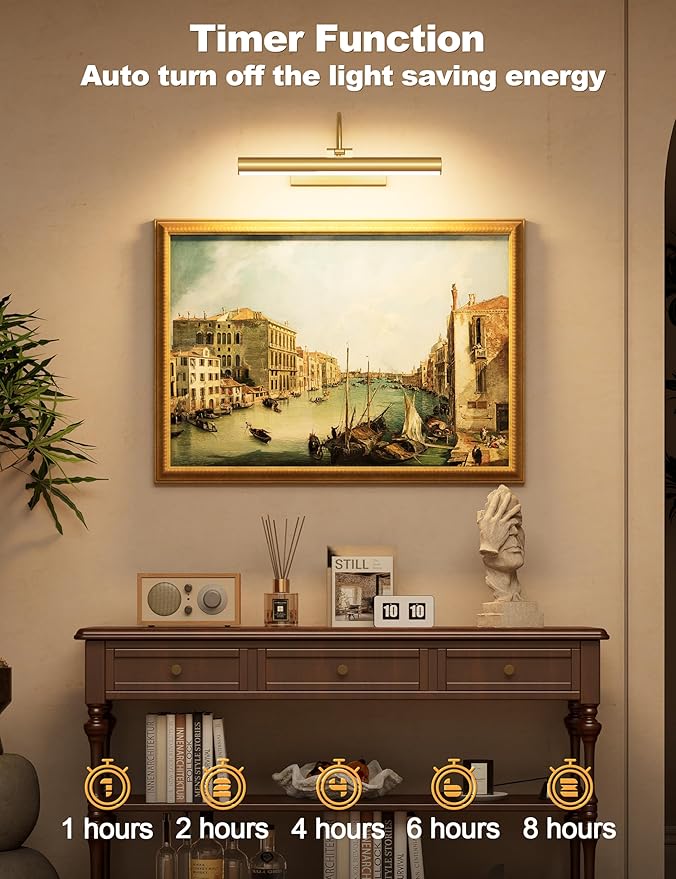 Bridika Picture Light for Wall with Remote, Rechargeable Battery Operated Picture Light, 3 Color Modes and Dimmable Classic Art Lights for Paintings, Gallery, Bedroom, Bathroom with Timer Gold 2