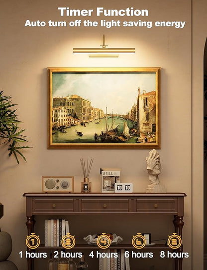Bridika Picture Light for Wall with Remote, Rechargeable Battery Operated Picture Light, 3 Color Modes and Dimmable Classic Art Lights for Paintings, Gallery, Bedroom, Bathroom with Timer Gold 1