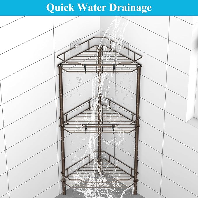 3 Tier Floor Standing Corner Shower Caddy Organizer Shelf with Hooks, Bathroom Shelves Stand Rack, Bronze