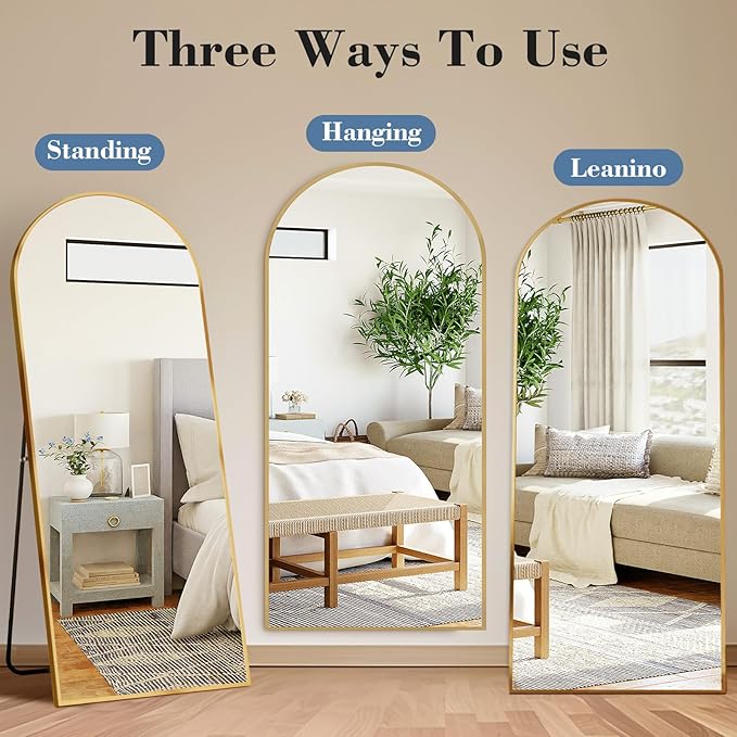 DUMOS Arched Full Length Mirror with Stand Floor Standing Aluminum Frame for Bedroom Body Hanging Leaning Modern Simple Home Decor Shatter-Proorf Nano Glass Wall Living Room Cloakroom Gold 65