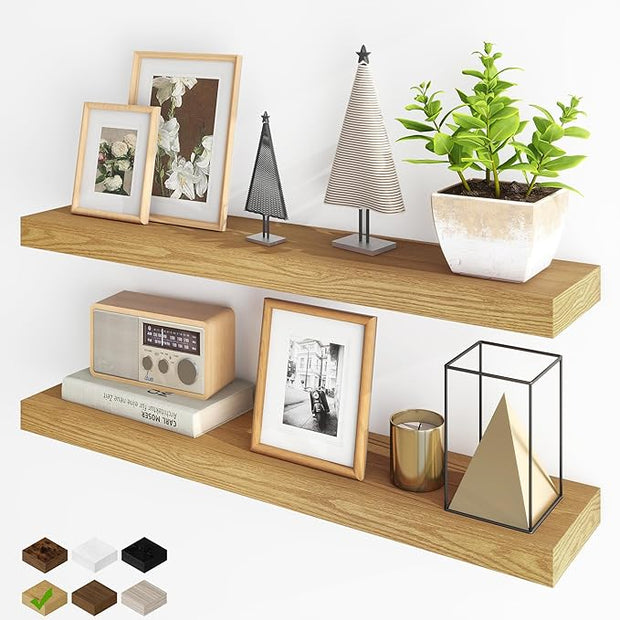 Fun Memories Floating Shelves for Wall, 36Inch Floating Shelves Set of 2, Hanging Shelf with Invisible Brackets, Bathroom Shelves for Living Room, Bedroom, Kitchen- Oak