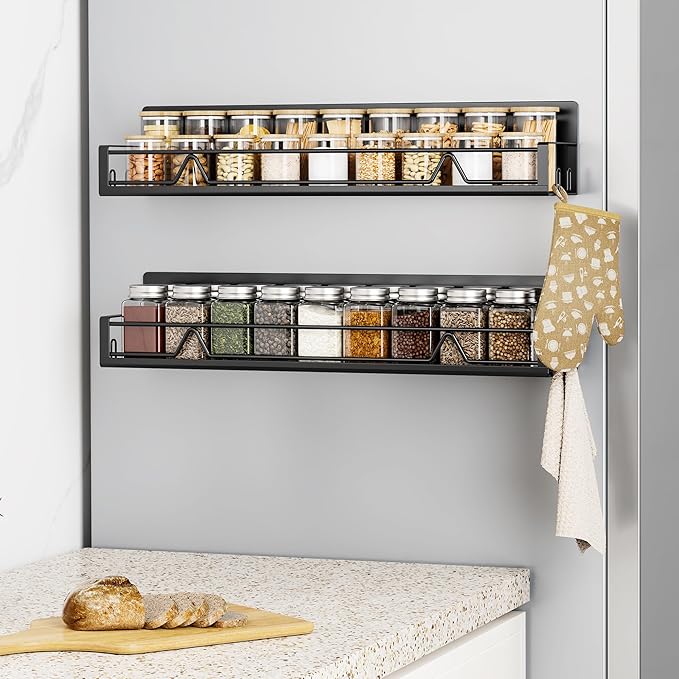 16.9 Inch Wide Large Capacity Magnetic Spice Rack for Refrigerator, 2 Pack Metal Fridge Shelf, Black