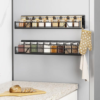 16.9 Inch Wide Large Capacity Magnetic Spice Rack for Refrigerator, 2 Pack Metal Fridge Shelf, Black