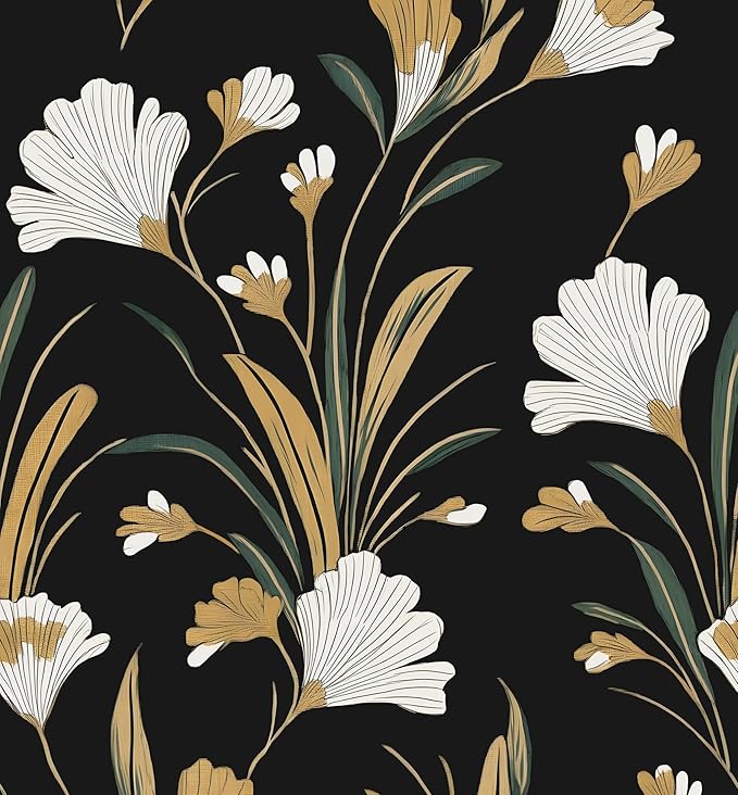 Black Gold Peel and Stick Wallpaper White Floral Contact Paper 17.5in x 118in Dark Vintage Plants Lines Flower Self Adhesive Waterproof Removable for Room Shelves Cabinet Drawer Table Decor