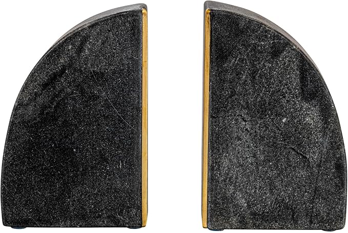 Boho Arched Semicircle Marble Bookends with Brass Detail, Set of 2, Black