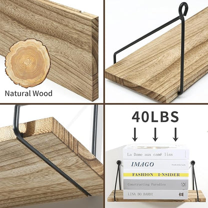Sapowerntus Floating Shelves Wall Mounted Shelf Rustic Light Wood Bathroom Bedroom Kitchen Hanging Storage Organizer with Triangle Metal Brackets Farmhouse Living Room Office Home Decor Set of 2