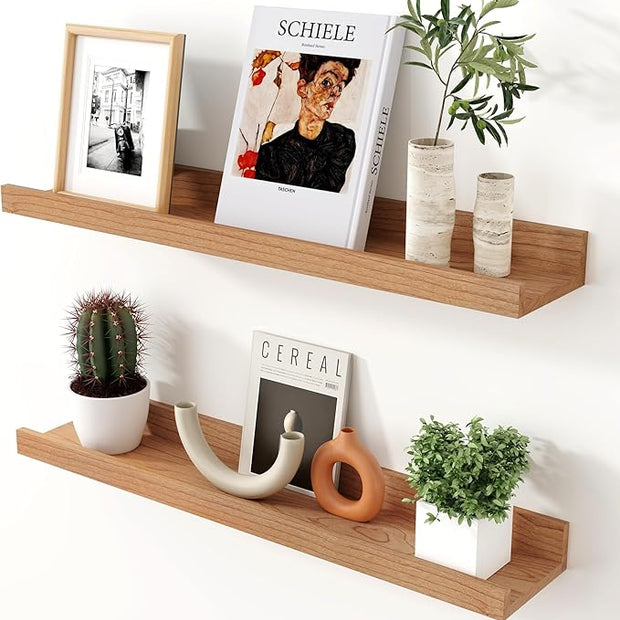 Axeman Cherry Picture Ledge Shelf, 24 Inch Floating Shelves Set of 2, Solid Wood Wall Shelves with Lip, Wall Decor Storage for Bedroom Living Room Bathroom Kitchen Nursery Photo, Natural Cherry