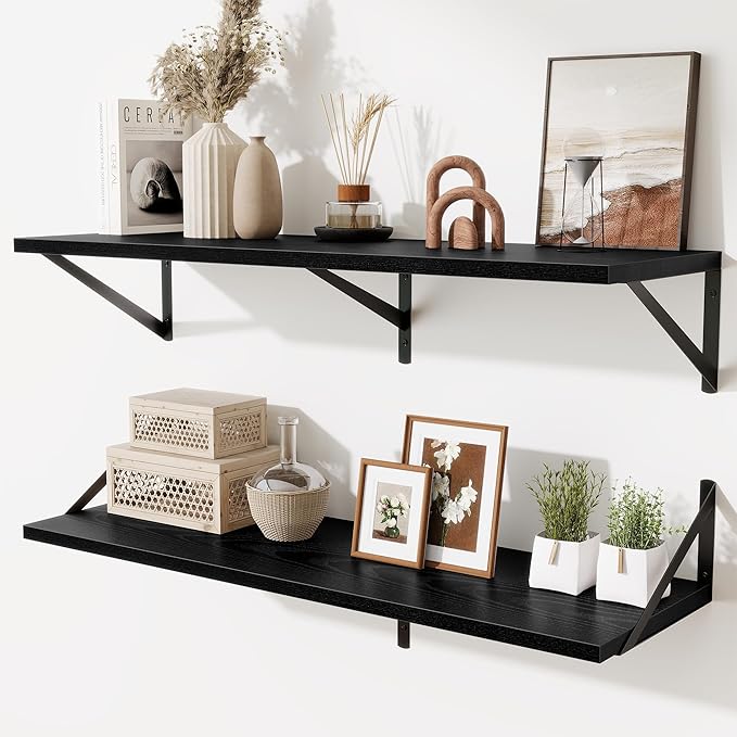 Black Deep Floating Shelves for Wall,36" Wx10 D Wood Wall Shelves with Metal Brackets,Hanging Storage Floating Shelf for Living Room,Bedroom,Bathroom,Office,Kitchen