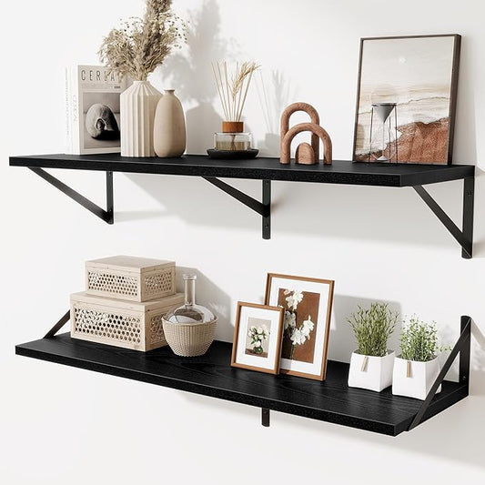 Black Deep Floating Shelves for Wall,36" Wx10 D Wood Wall Shelves with Metal Brackets,Hanging Storage Floating Shelf for Living Room,Bedroom,Bathroom,Office,Kitchen