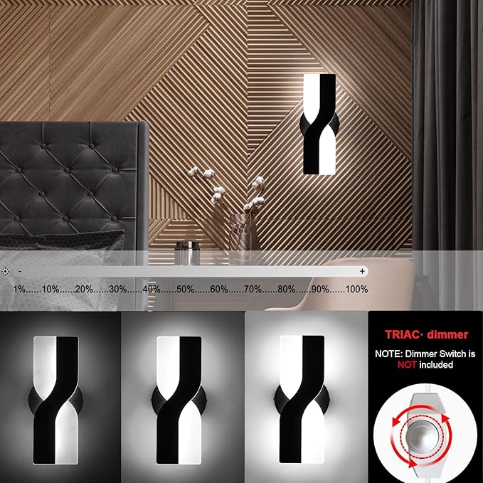 Kawell 12W Minimalist LED Wall Light 1%-100% Dimming Modern Sconce Hardwired Indoor Lamp Square for Bedside Hallway Study Kitchen, Black 6000K