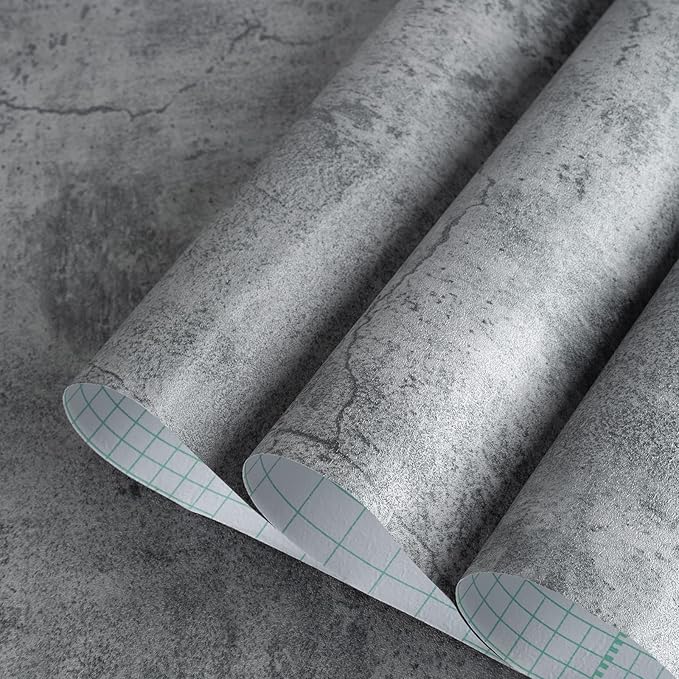 TOTIO Wide Grey Concrete Wallpaper Peel Stick 24x708inch Matte Thicken Waterproof Adhesive Dark Gray Cement Textured Contact Paper Vinyl Wall Paper for Store Rental House Industrial Style Cement Gray