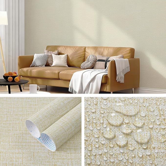 Guvana Grasscloth Peel and Stick Wallpaper Cream Textured Contact Paper Modern Removable Self Adhesive Wall Paper Thicken Fabric Faux Linen Wallpaper for Bathroom Wall Covering Vinyl 394inx15.7in