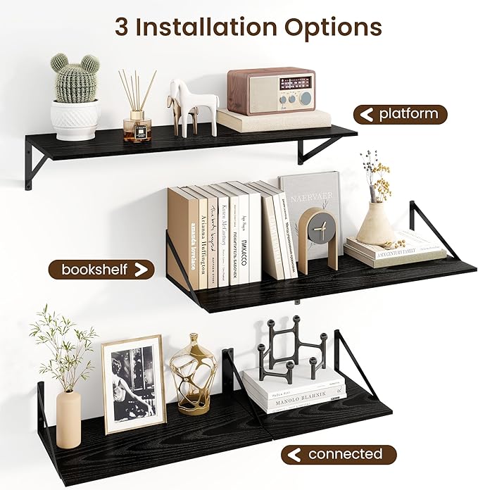 Fun Memories Floating Shelves for Wall, 12 Inch Deep Floating Shelves Set of 2, 36W x 12D Large Wall Shelf with Sturdy Metal Brackets for Living Room, Bathroom, Bedroom and Kitchen, Black