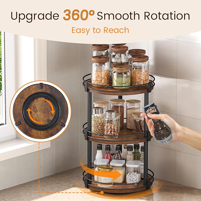 Snughome Lazy Susan Organizer, 3 Tier Rotating Spice Rack, Turntable Lazy Susan Kitchen Countertop Organizer, 10.2
