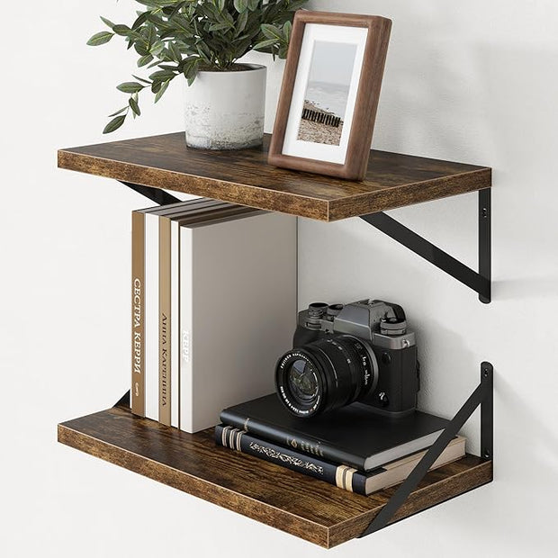 Axeman Deep Floating Shelves - 20 Inch Floating Shelves Set of 2-12 Inch Deep Brown Wood Wall Shelves for Living Room Bathroom Kitchen