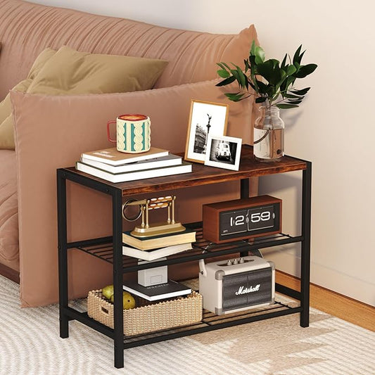 Yusong Shoe Rack Organizer, 3 Tier Industrial Shoe Storage Shelf for Closet Entryway, Narrow Sturdy Metal Shoe Shelves, Rustic Brown
