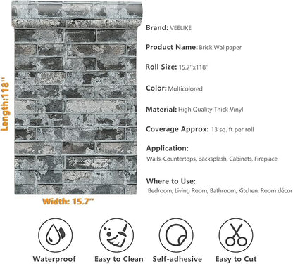 VEELIKE 15.7''x118'' Grey Brick Wallpaper Peel and Stick 3D Textured Faux Brick Wall Paper Self Adhesive Removable Waterproof Rustic Brick Contact Paper for Walls Bedroom Backsplash Cabinet Backdrop