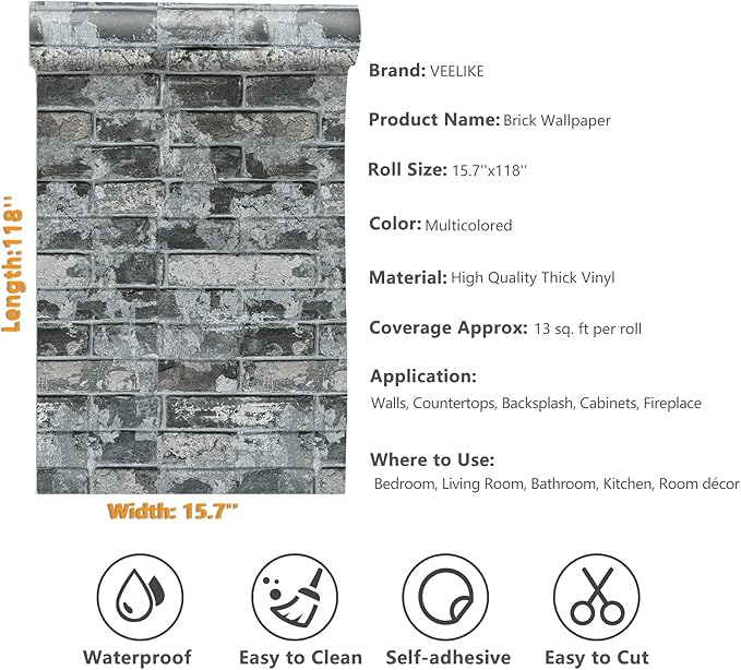 VEELIKE 15.7''x118'' Grey Brick Wallpaper Peel and Stick 3D Textured Faux Brick Wall Paper Self Adhesive Removable Waterproof Rustic Brick Contact Paper for Walls Bedroom Backsplash Cabinet Backdrop