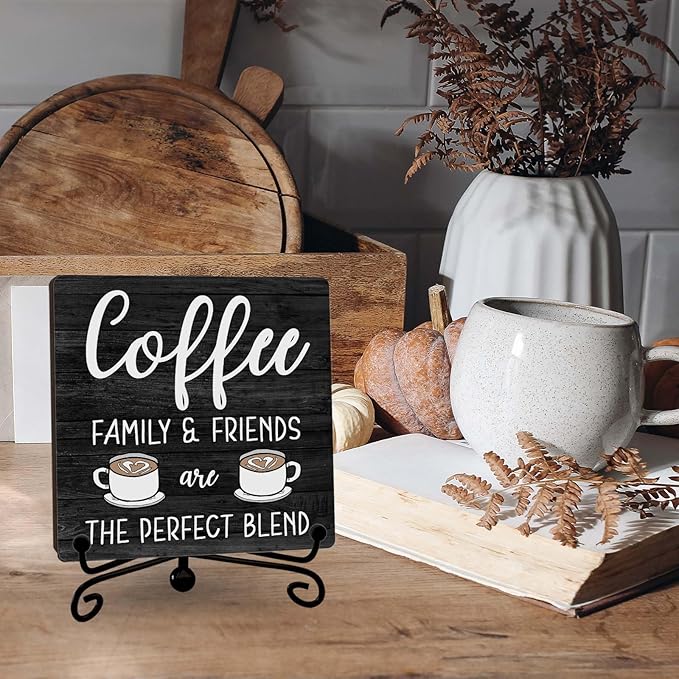 Farmhouse Coffee Bar Decor, Family Friends Wooden Signs for Home Office Desk Shelf, Rustic Tabletop Centerpieces for Kitchen Accessories - A06