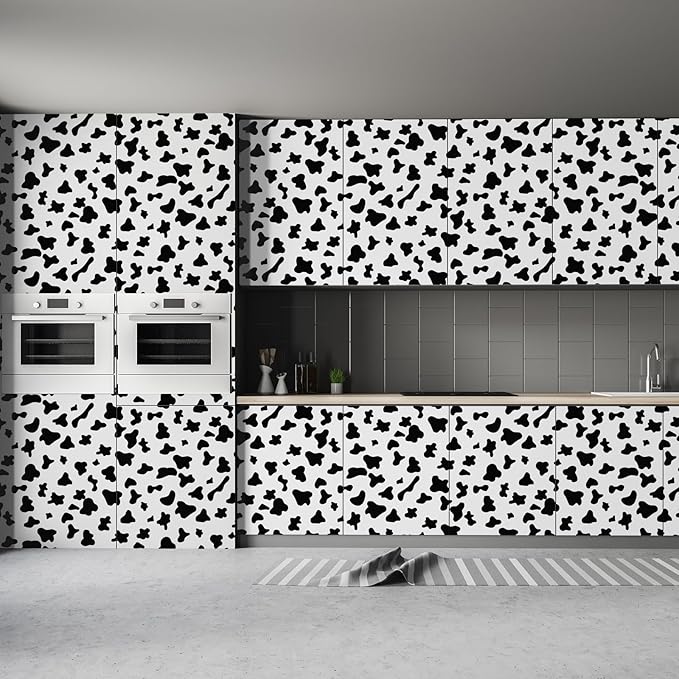 17.3”x480” Black and White Spots Contact Paper Cow Printed Peel and Stick Wallpaper Self-Adhesive Cute Wallpapers Vinyl White Black Decals for Walls Bedroom Living Room Nurseryls
