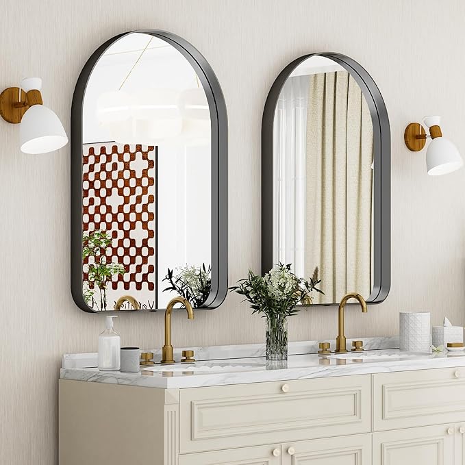GLSLAND 20”x30“ Arched Bathroom Mirror - Black Aluminum Alloy Framed Wall Mirror, Arch Matted Vanity Mirror for Bedroom, Entryway Home Decor